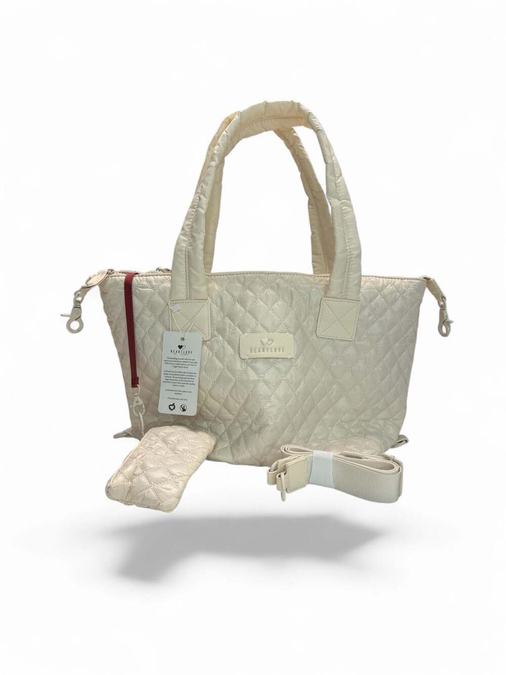 Heartlove by Chano Ivory Quilted Nylon Tote Bag with Pouch‎ and Crossbody Strap